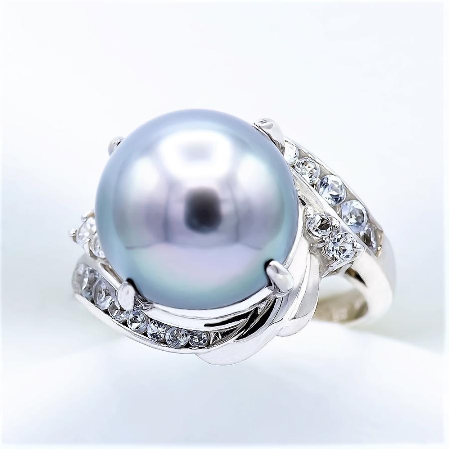 ブラックパール 黒蝶真珠 指輪 リング 13mm Pt100 タヒチ産 黒真珠 6月