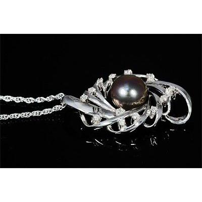ブラックパール 黒蝶真珠 ネックレス ペンダント 10.5mm K18WG タヒチ 