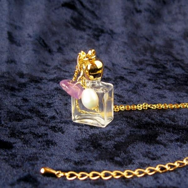アロマペンダント ガラス香水瓶 スクエア透明 アメジスト 淡水パール クリアランスsale 期間限定