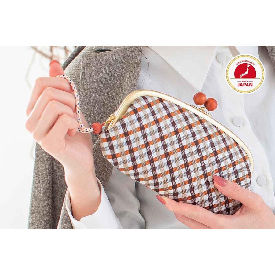 西陣織シルク・がま口長財布・京組紐ストラップ付・ギンガムチェック・ブラウン・レディース・日本製 | 