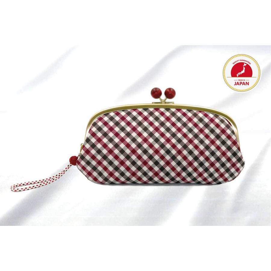 西陣織シルク・がま口長財布・京組紐ストラップ付・ギンガムチェック・レッド・レディース・日本製 | 