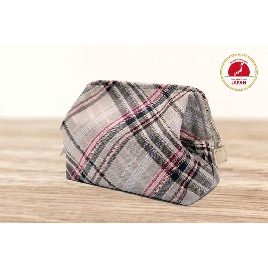 撥水加工・西陣織シルク・がばっと開くコスメポーチ・マルチチェック・アッシュグレー・レディース・日本製 | 