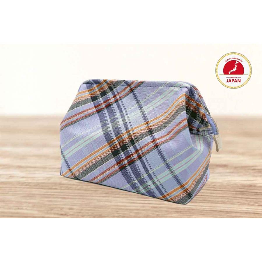 撥水加工・西陣織シルク・がばっと開くコスメポーチ・マルチチェック・スカイブルー・レディース・日本製 | 