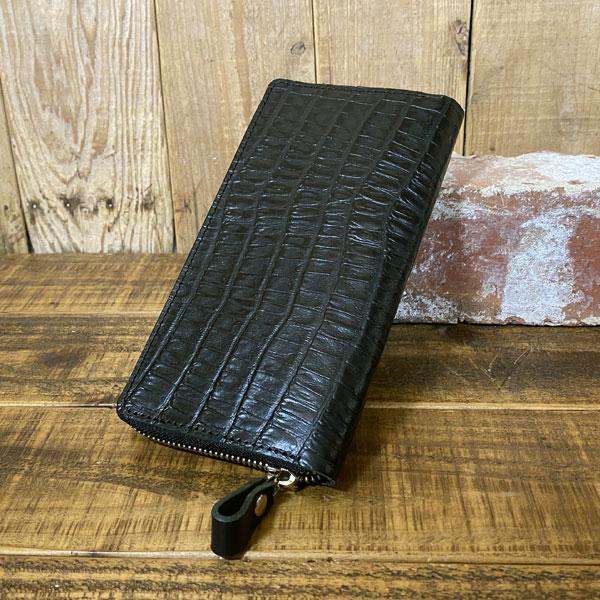クロコ 型押し革 ラウンドファスナー ロングウォレット 長財布 手作り 