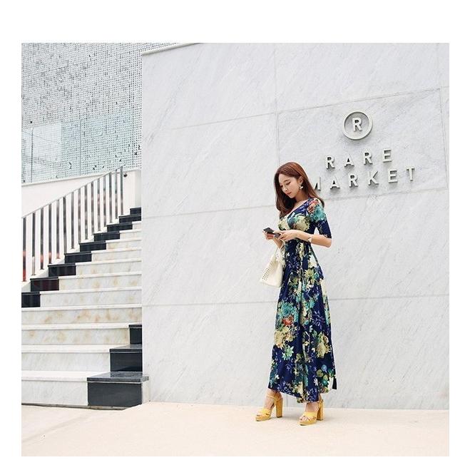 大花柄 マキシワンピース 七分袖 リゾートワンピース ガウンワンピース カシュクール 春夏 花柄 ロングワンピース ネイビー スリット 241tyainadoresu Atena 通販 Yahoo ショッピング