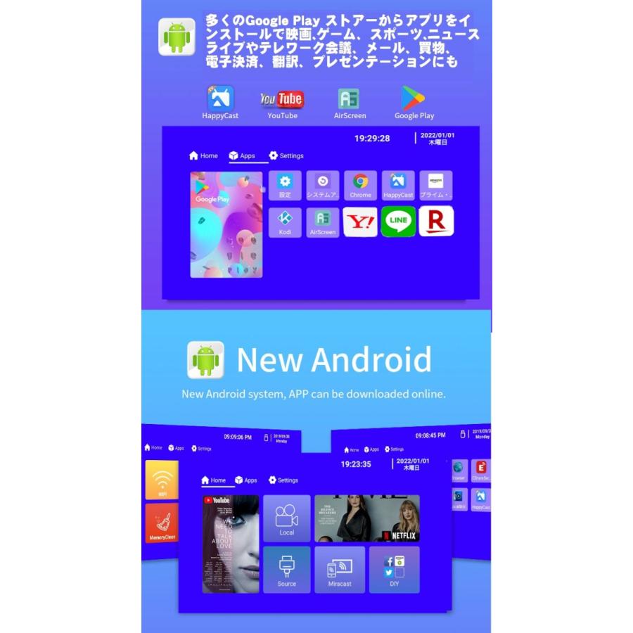 プロジェクター 小型 最新 Android TV OS搭載 天井 スマホ iPhone 短焦点投射 リアルフルHD 1080P Wi-Fi Bluetooth HDMI 業務用 家庭用_2