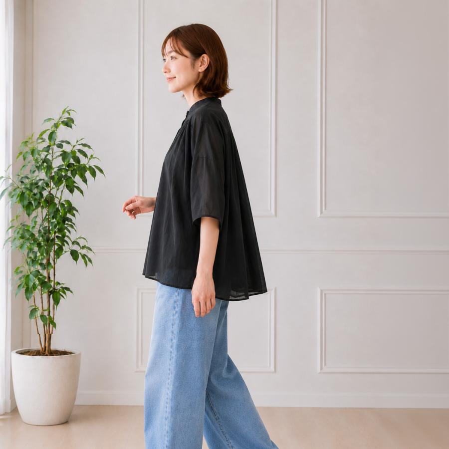 Brocante ブロカント　インドボイル フロンセシャツ　ゆったり　ギャザー Brocante DMG インドボイル シスフロンセシャツシアー素材 レディース