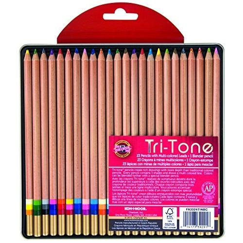 Koh-I-Noor Tri-Tone Multi-Colored Pencil Set, 24 Assorted Colors in Tin and