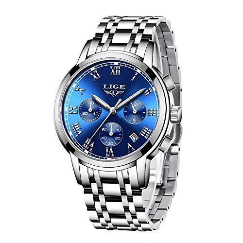 うで時計 メンズ時計シルバーブルーステンレススチール防水 クロノグラフ腕時計 多針アナログクオーツウオッチ ルミナス夜光 日付表示 ラグジュアリー お