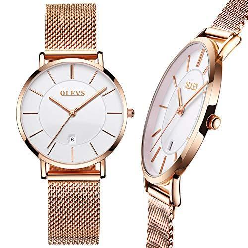 レディーススチールメッシュウォッチ 超薄型ウォッチ 日付ウォッチ 防水ウォッチ ローズゴールド/ブラックメッシュ ファッションウォッチ OLEVSレデ