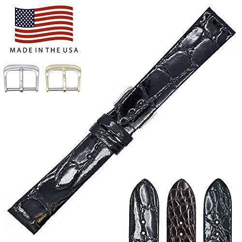 FBA39 本ワニ革交換用腕時計バンド 20mm ブラック 光沢 サイズ M L フラット 米国製