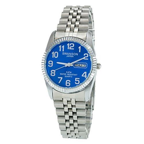 Swanson日本メンズシルバーday-date Smoothブルー番号Dial Watch with Travel Case