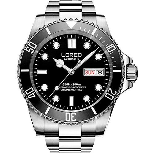 LOREO メンズ シルバーステンレススチール サファイアガラス ブルー 回転ベゼル 自動日付曜日腕時計 ブラック