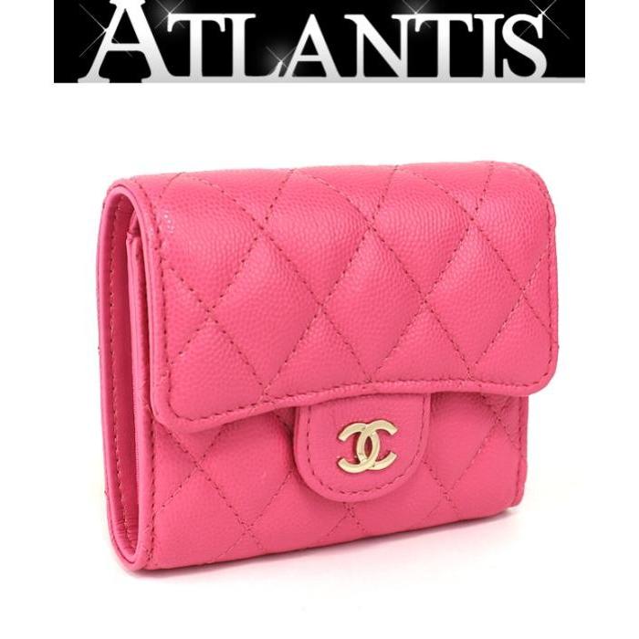 新作 Chanel 新品 Chanel 財布 三つ折り ピンク 三つ折り G金具 三つ折り財布 シャネル キャビア Atlantis