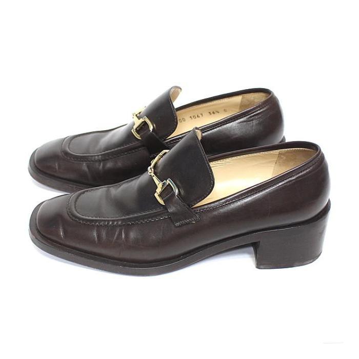 GUCCI（グッチ） ホースビット ヒールローファー 靴 レザー 茶