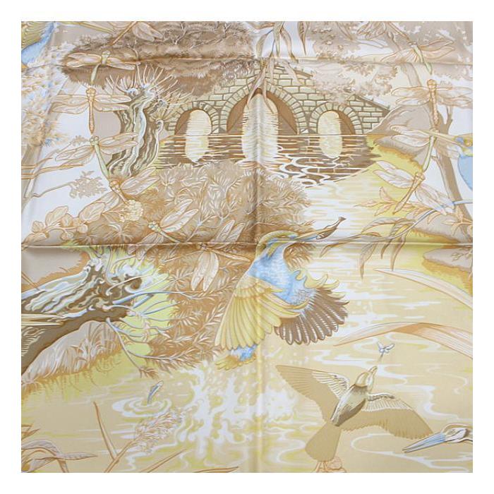 エルメス HERMES鳥柄 大判スカーフべージュ系