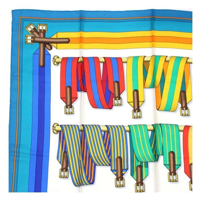 HERMES（エルメス） カレ90『J'METZ』ベルト柄 大判スカーフ ブルー系