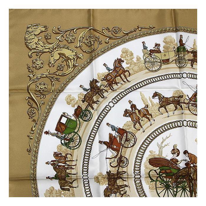 美品 エルメス HERMES カレ90『La promenade de longchamps ロンシャンへの散歩』大判スカーフ 馬車 キャメル