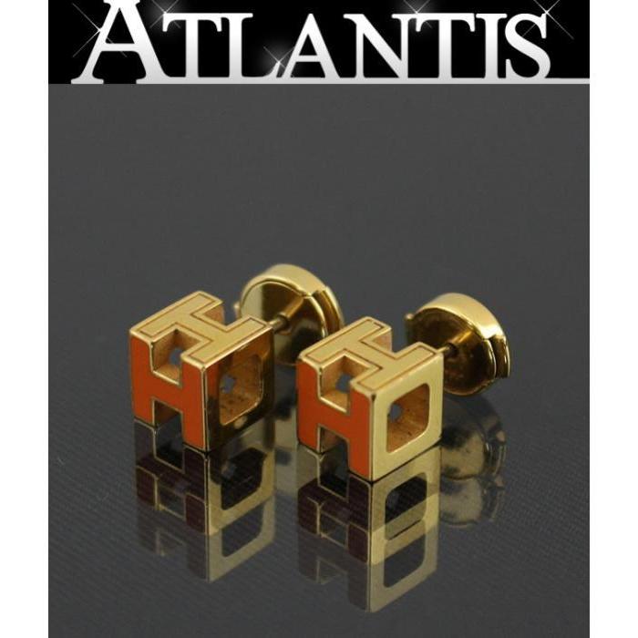 HERMES エルメス Hキューブピアス ゴールド×オレンジ : atlantis