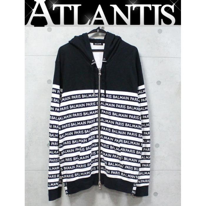 美品 バルマン BALMAIN メンズ ジップアップ パーカー 白×黒 size:XL 