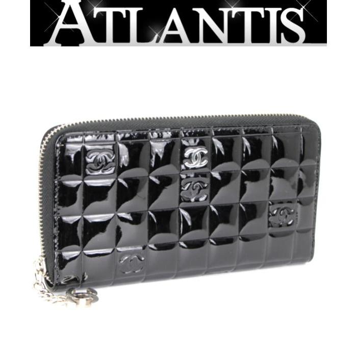 CHANEL シャネル チョコバー 黒エナメル ラウンドファスナー長財布