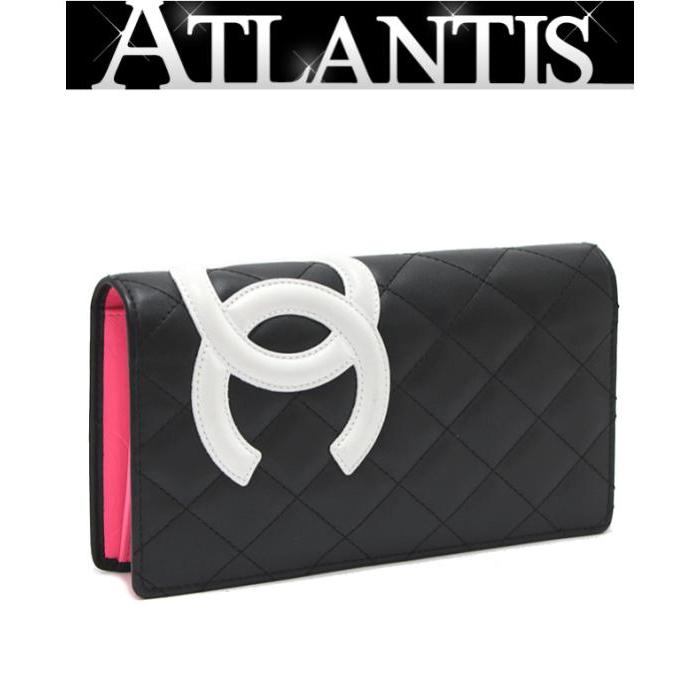 CHANEL 極美品 シャネル カンボン 二つ折り長財布 黒×白 カーフ 内生地  