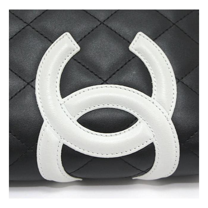 CHANEL 極美品 シャネル カンボン 二つ折り長財布 黒×白 カーフ 内生地  
