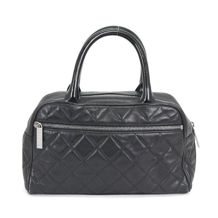 CHANEL シャネル マトラッセ ロゴ ミニボストンバッグ レザー 黒 