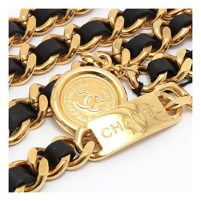 CHANEL ゴールド ブラック チェーンベルト　ヴィンテージ 美品】シャネル CHANEL レザー チェーンベルト ゴールド ヴィンテージ