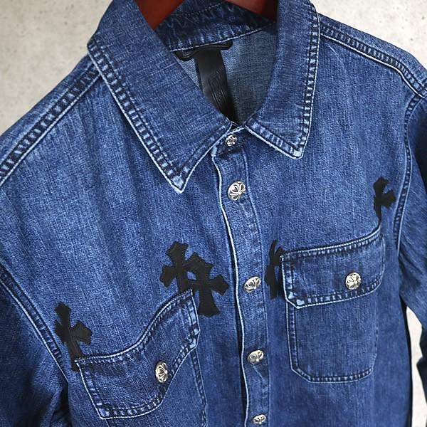 クロムハーツ デニムシャツ SMブラック クロスボールボタンレザークロスパッチ クロムハーツ デニムシャツにクロスボールをカスタム ｜ クロム