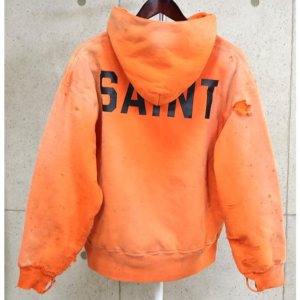 SAINT MICHAEL 銀座店 セント マイケル 新品 ベルベルジンコラボ バックロゴ ヴィンテージ加工 フーディ メンズ size:L オレンジ系 102694 SAINT MICHAEL 銀座店 セント マイケル 新品 ベルベルジンコラボ