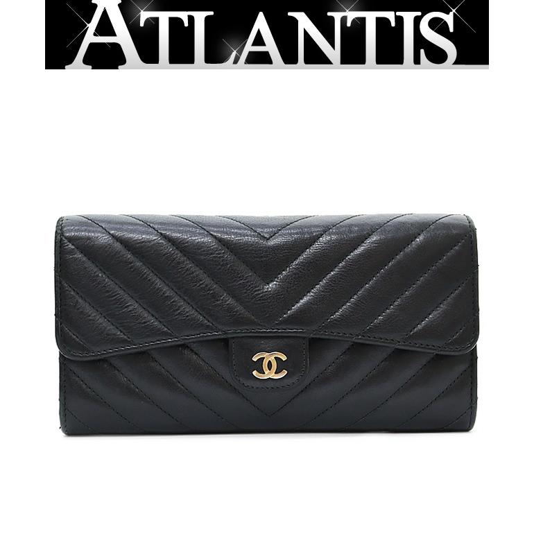 広尾店】 シャネル CHANEL シェブロン フラップ長財布 Vステッチ 黒 