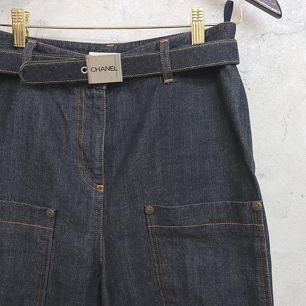 広尾店】美品 シャネル CHANEL ベルト付ワイドデニムパンツ インディゴ