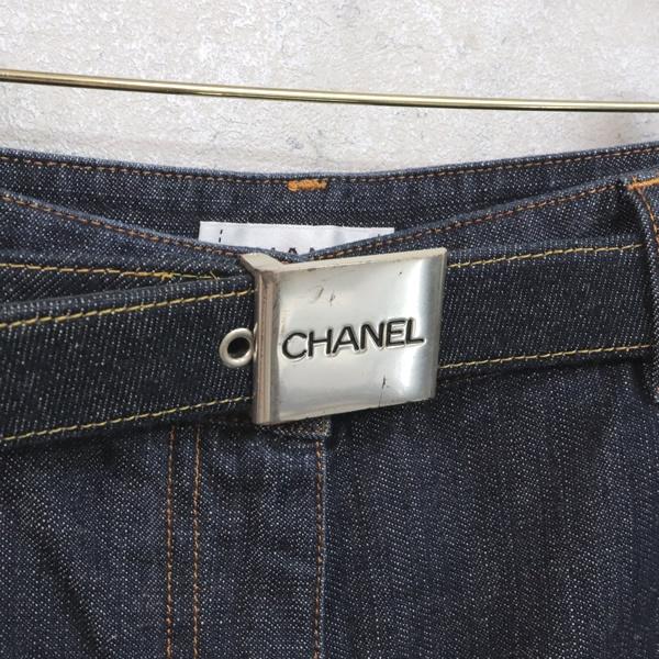 広尾店】美品 シャネル CHANEL ベルト付ワイドデニムパンツ インディゴ
