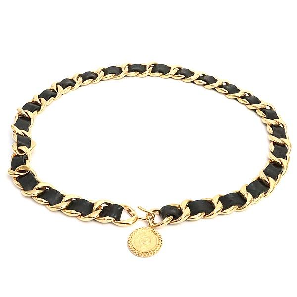 シャネル CHANEL チェーンベルト レザー ゴールド×黒 【74183