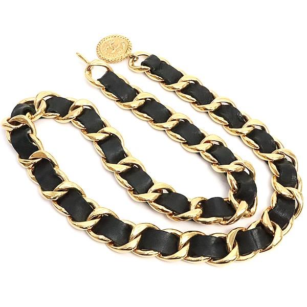 シャネル CHANEL チェーンベルト レザー ゴールド×黒 【74183