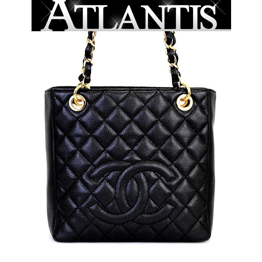 美品 シャネル CHANEL PSTチェーントートバッグ キャビアスキン 黒 G 
