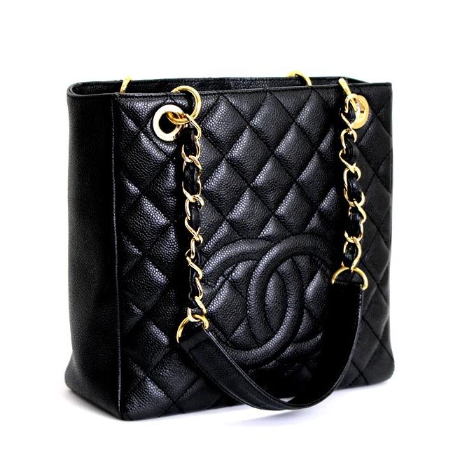 美品 シャネル CHANEL PSTチェーントートバッグ キャビアスキン 黒 G 