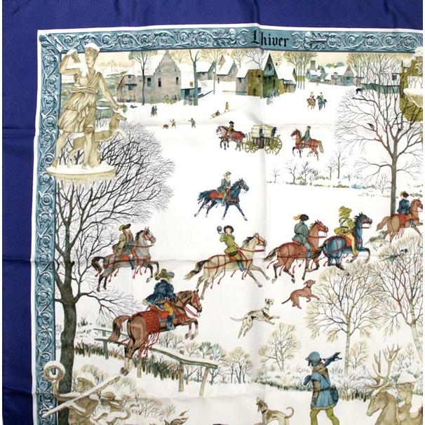 HERMES カレ90 L'hiver 冬 スカーフ シルク エルメス HERMES カレ90 大判スカーフ L'hiver 冬の火 ホワイト×ブルー