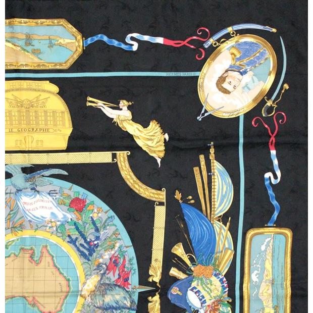 エルメス HERMES カレ90 大判スカーフ LE GEOGRAPHE 地理学者 ブラック  