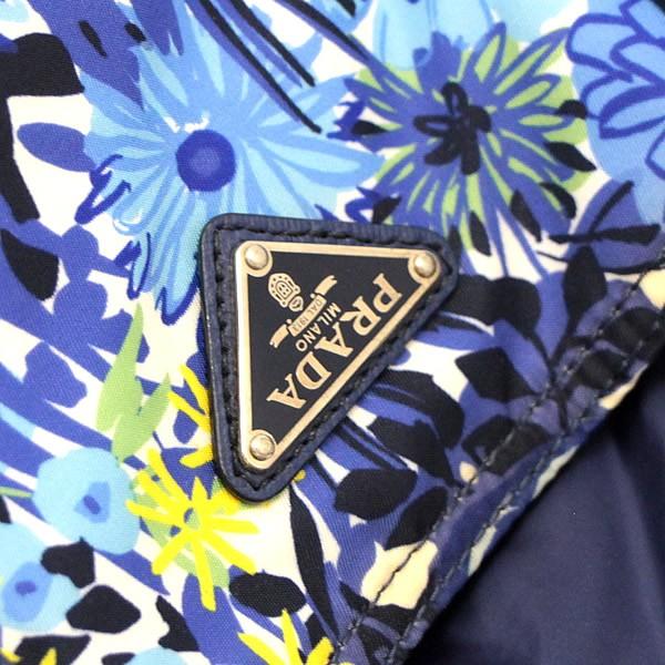 プラダ PRADA 三角ロゴ トートバッグ 花柄 ナイロン×レザー 青 BN2851