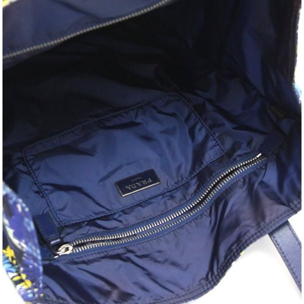 プラダ PRADA 三角ロゴ トートバッグ 花柄 ナイロン×レザー 青 BN2851