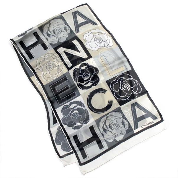 シャネル CHANEL カメリア ロングスカーフ シルク100％ 白×黒 グレー系
