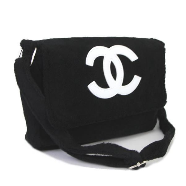 極美品 シャネル CHANEL ノベルティ パイル地 ショルダーバッグ 黒x白
