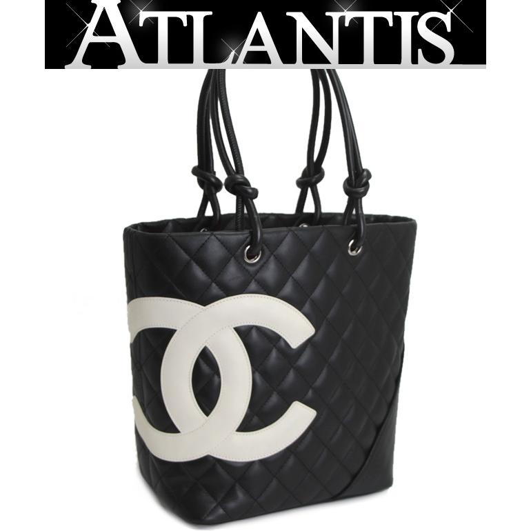 シャネル CHANEL カンボン トートバッグ ミディアム レザー 黒×白
