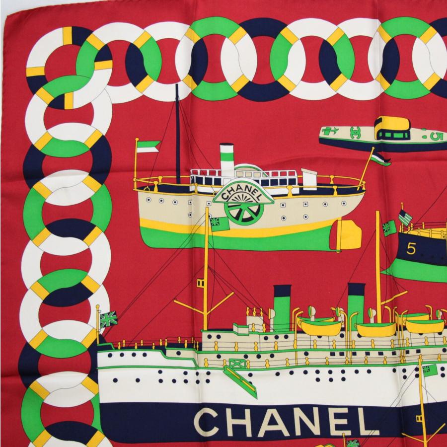 シャネル CHANEL ヴィンテージ 大判スカーフ 蒸気船 シルク100％ 赤系