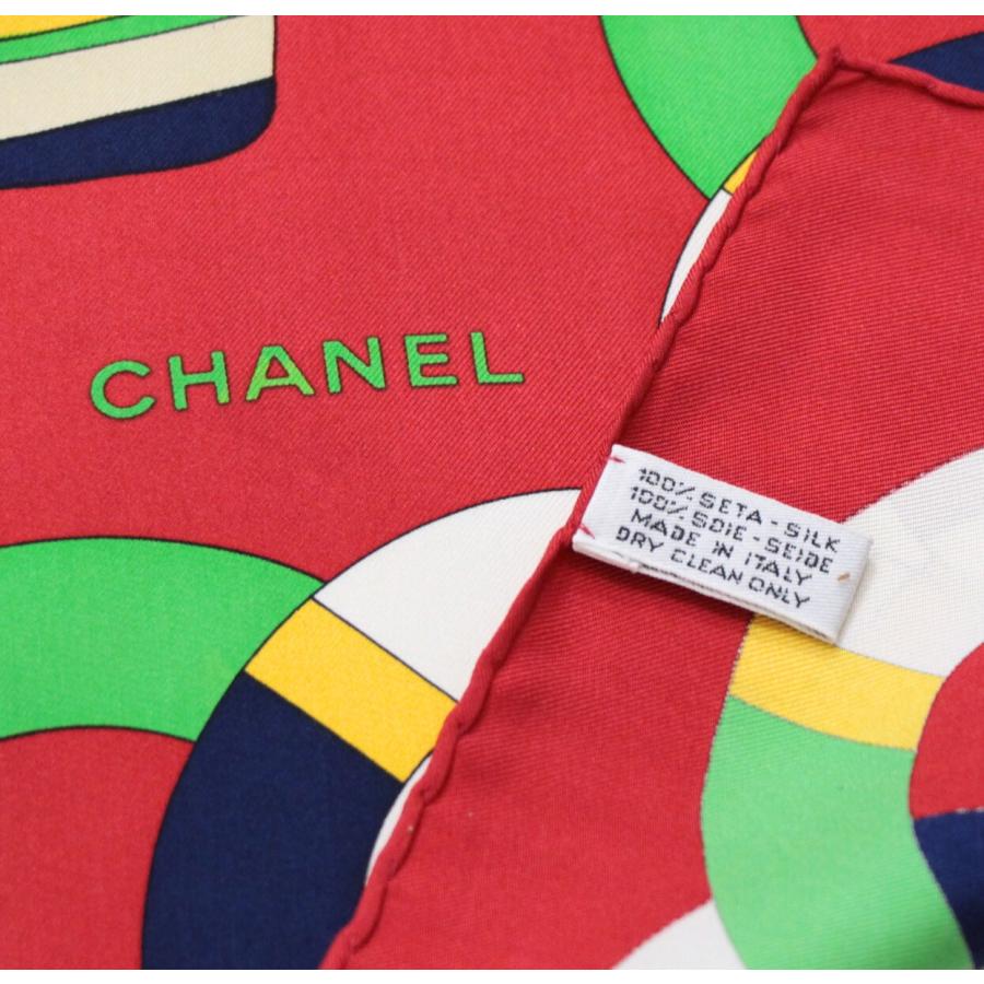 シャネル CHANEL ヴィンテージ 大判スカーフ 蒸気船 シルク100％ 赤系