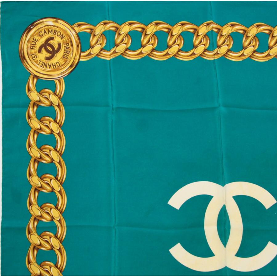 ビンテージCHANEL ココマーク 大判スカーフ グリーン シャネル CHANEL ヴィンテージ 大判スカーフ ココマーク チェーン柄