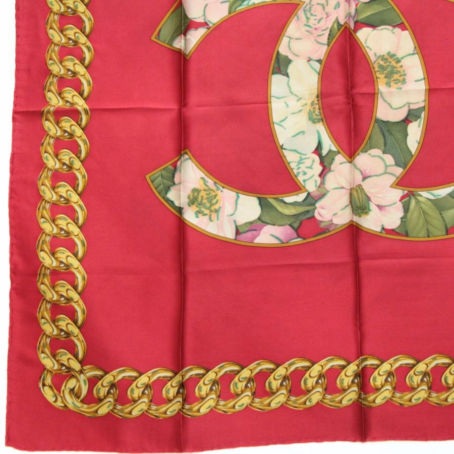 CHANEL ココマークロゴ 大判カメリアスカーフ　シルク100% オシャレ上品 シャネル CHANEL ヴィンテージ 大判スカーフ カメリア ココマーク