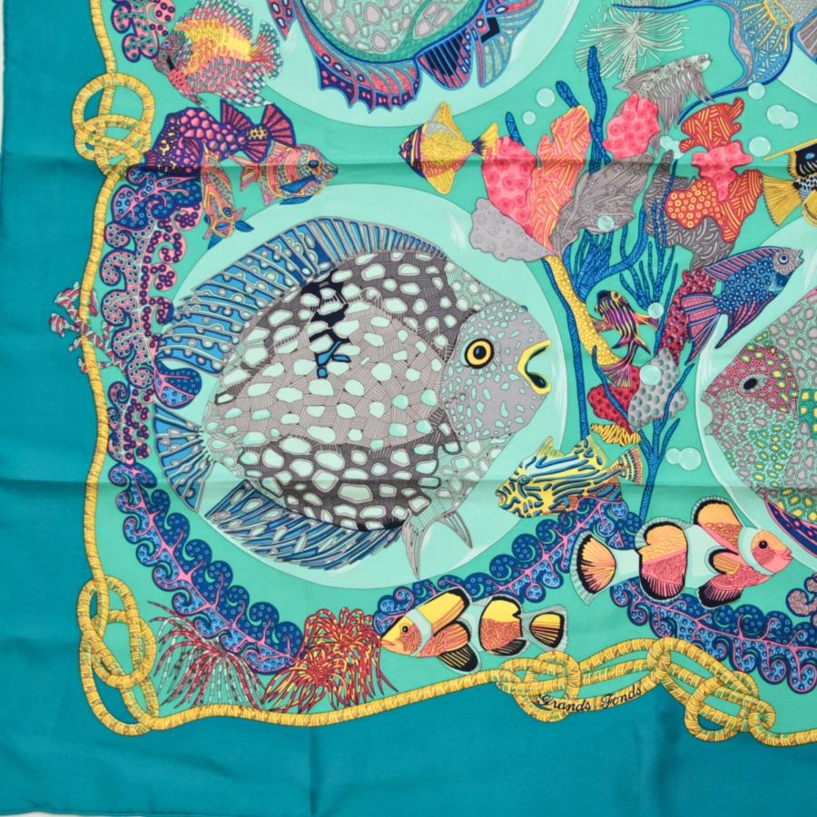 美品 エルメス HERMES カレ90 Grands Fonds 深海 大判スカーフ 魚
